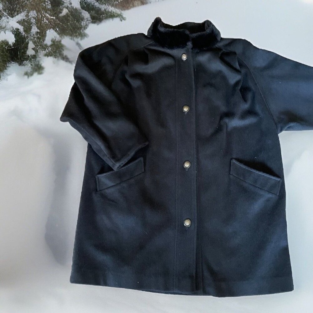 Vintage 70s Lorovi Woman Wool Button Front Coat Sz 2X Black Faux Fur Collar USA